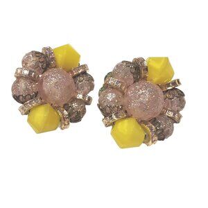 Vintage HOBE Bead Cluster Earrings Clip On Yellow Peach Sparkle